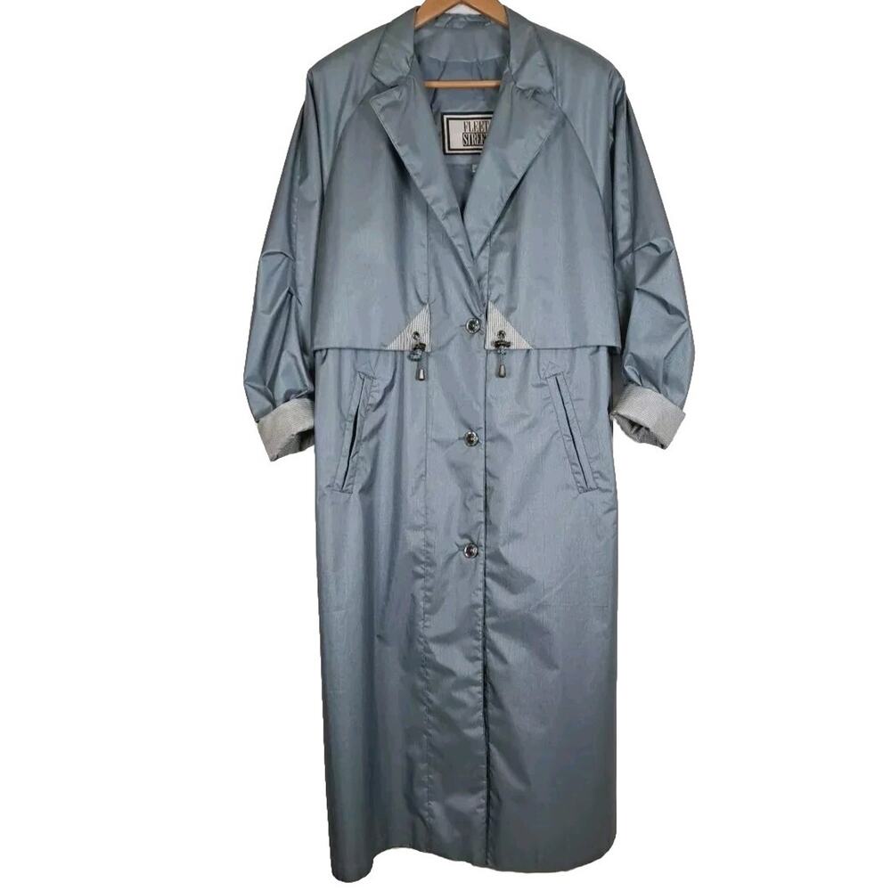 VTG 80s Fleet Street Long Trench Rain Coat Womens 8 Blue Button Up Gingham Check